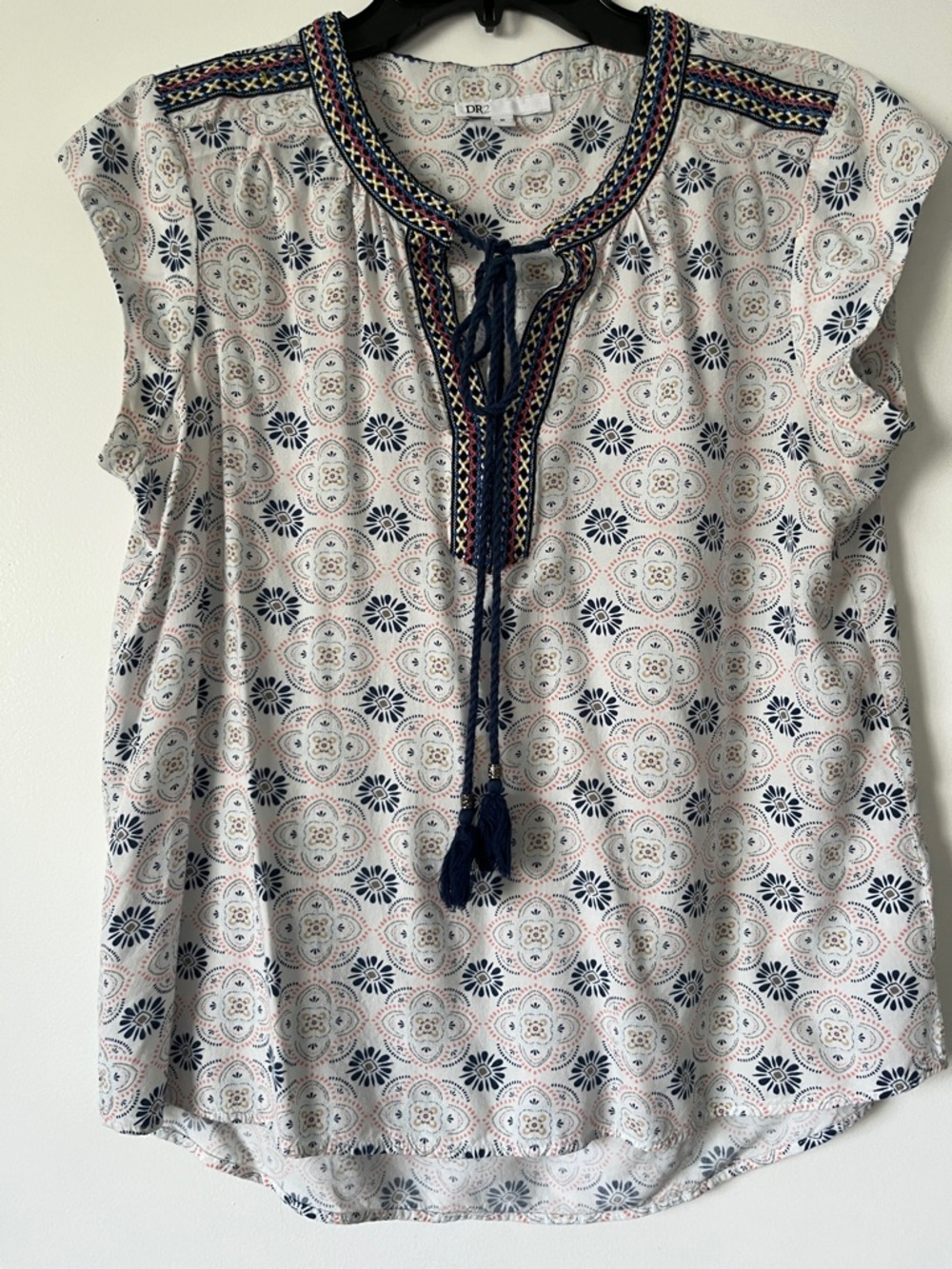 DR2 Navy, White & Tan Embroidered Tassel-Neck Blouse